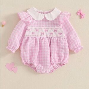 Smocked Bow Embroidered Gingham Pink Collared Ruffle Long Sleeve Bubble